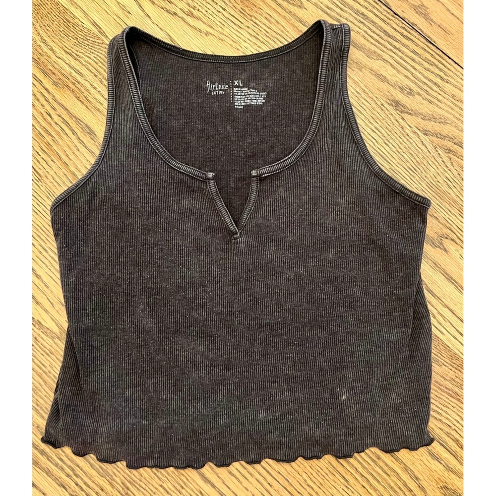 Flirtitude Active Women XL Black Mineral Wash Ribbed Notch Neck Tank Top Crop